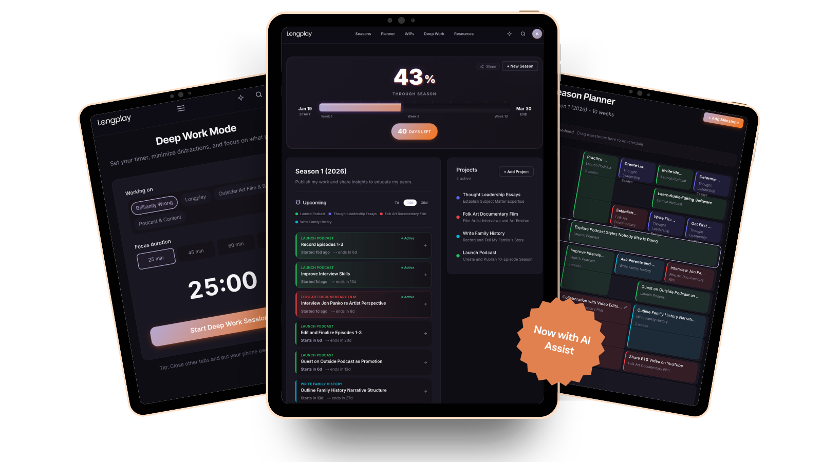 Longplay product interface showing dashboard, deep work mode, season planner, and focus sessions